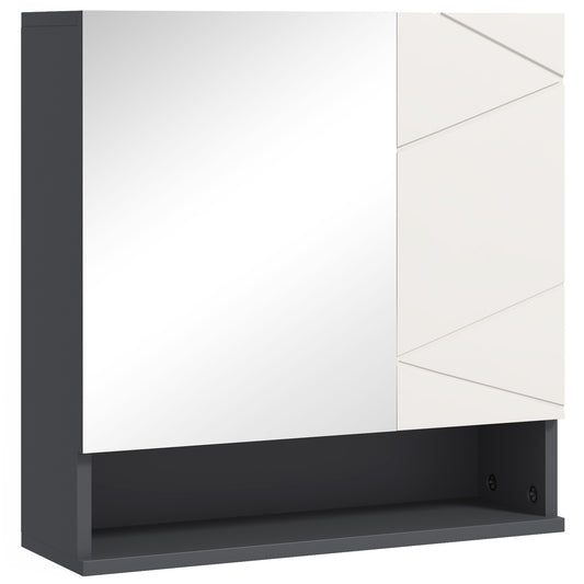 Bathroom mirror cabinet with mirrored door, geometric panel, and open bottom shelf