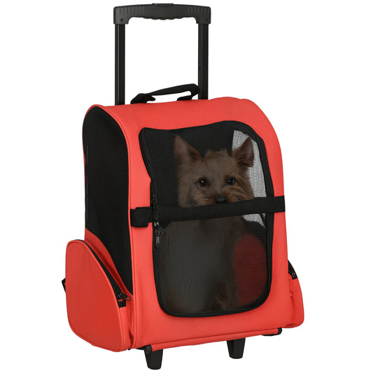 Photo of PawHut 2 in 1 Dog Backpack and Trolley, Pet Travel Backpack Cat Dog Carrier with Telescopic Handle, Portable Pet Stroller Wheel Luggage Bag (Red) in (Red) colour on a white background