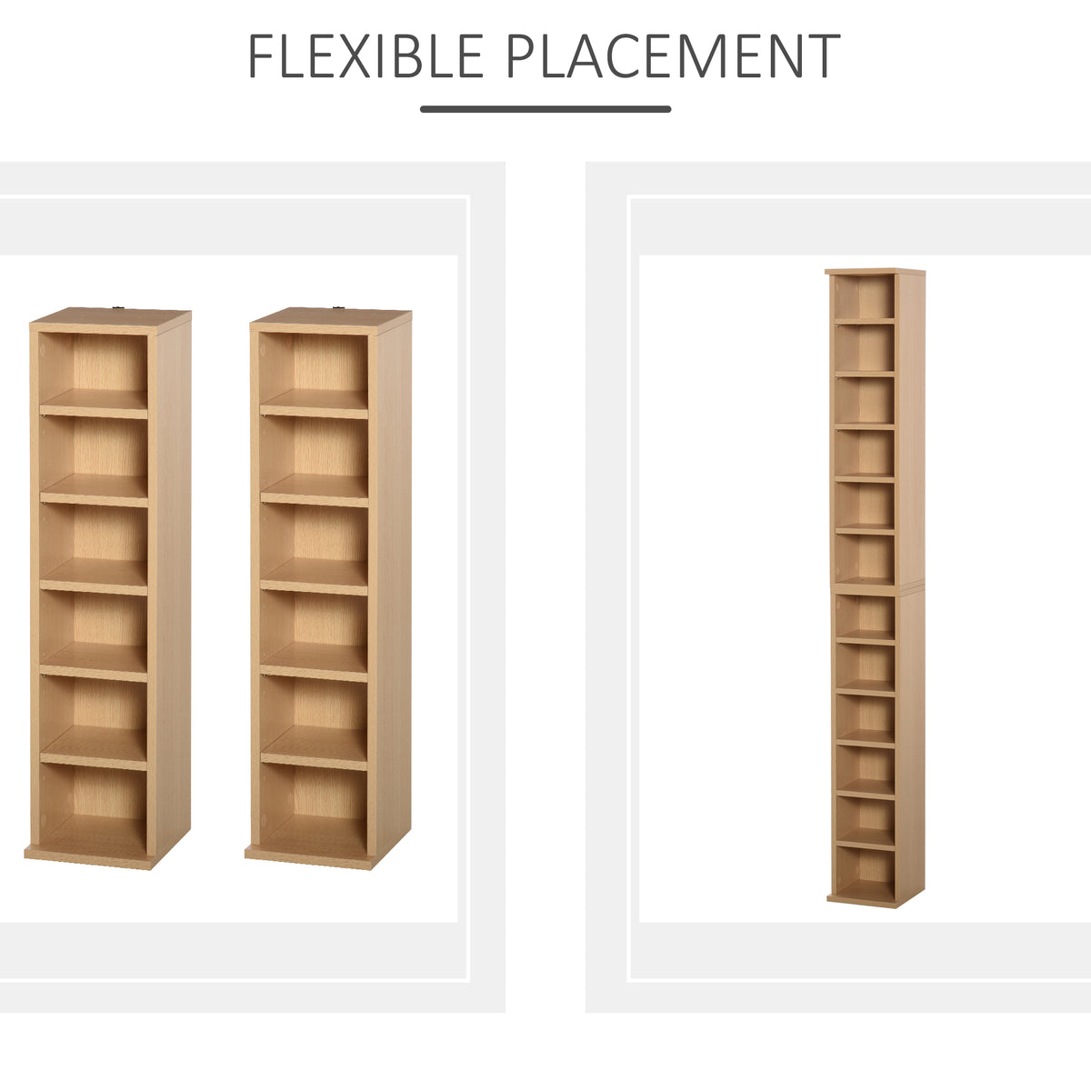 HOMCOM natural wood media shelves shown as a pair or stacked into one tall tower