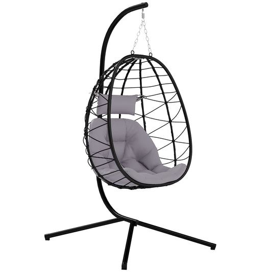 Photo of Outsunny Hanging Egg Chair Outdoor Indoor Garden Swing Chair with Folding Basket, Thickened Cushion, Garden Hanging Chair with Stand, Headrest for Patio, Balcony, Grey in Grey colour on a white background