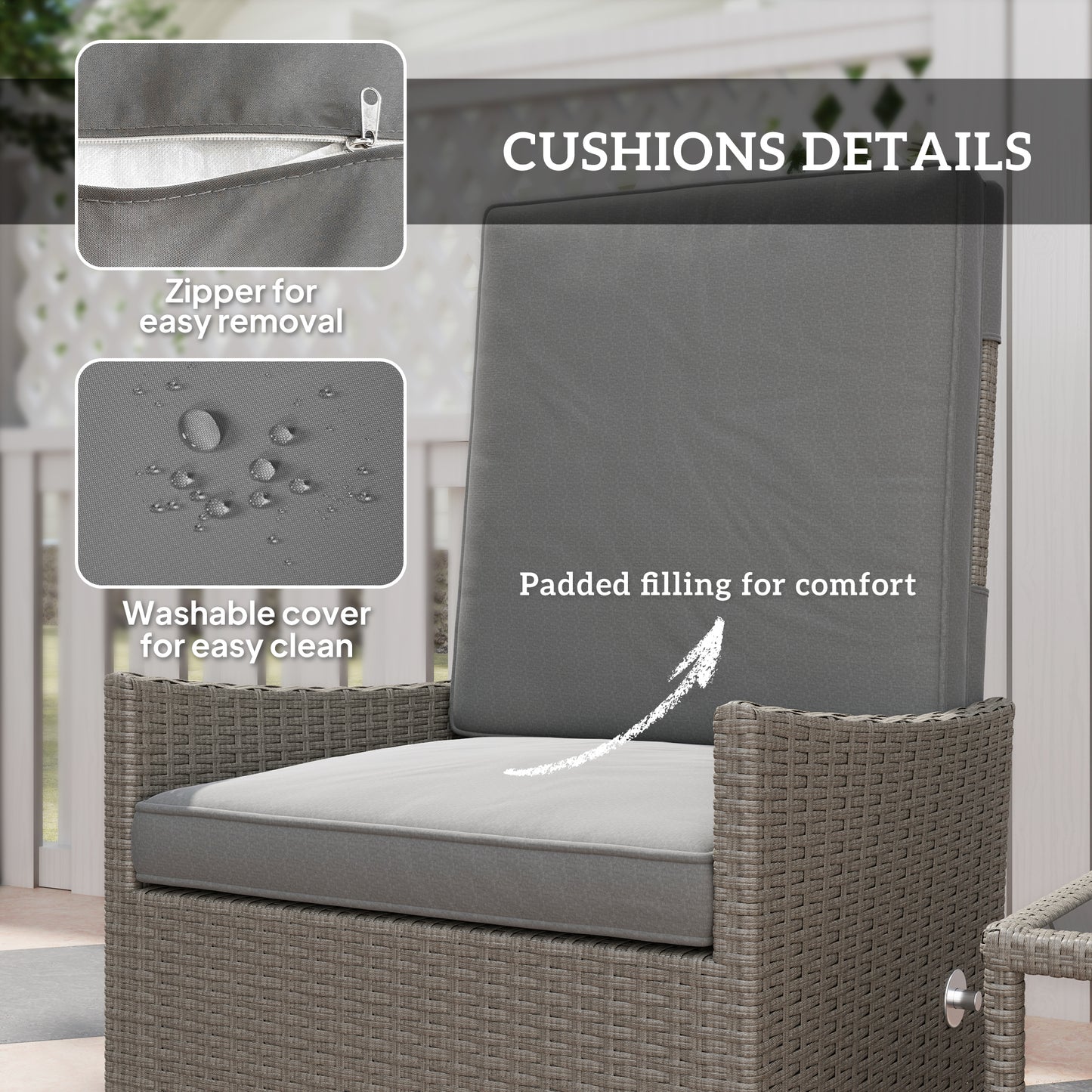 Outsunny 5 Piece Rattan Garden Furniture Set, Wicker Patio Sofa Set with 2 Armchairs, 2 Footstools, Glass Top Coffee Table with Shelf, Outdoor Furniture with Adjustable Backrests, Cushions, Dark Grey