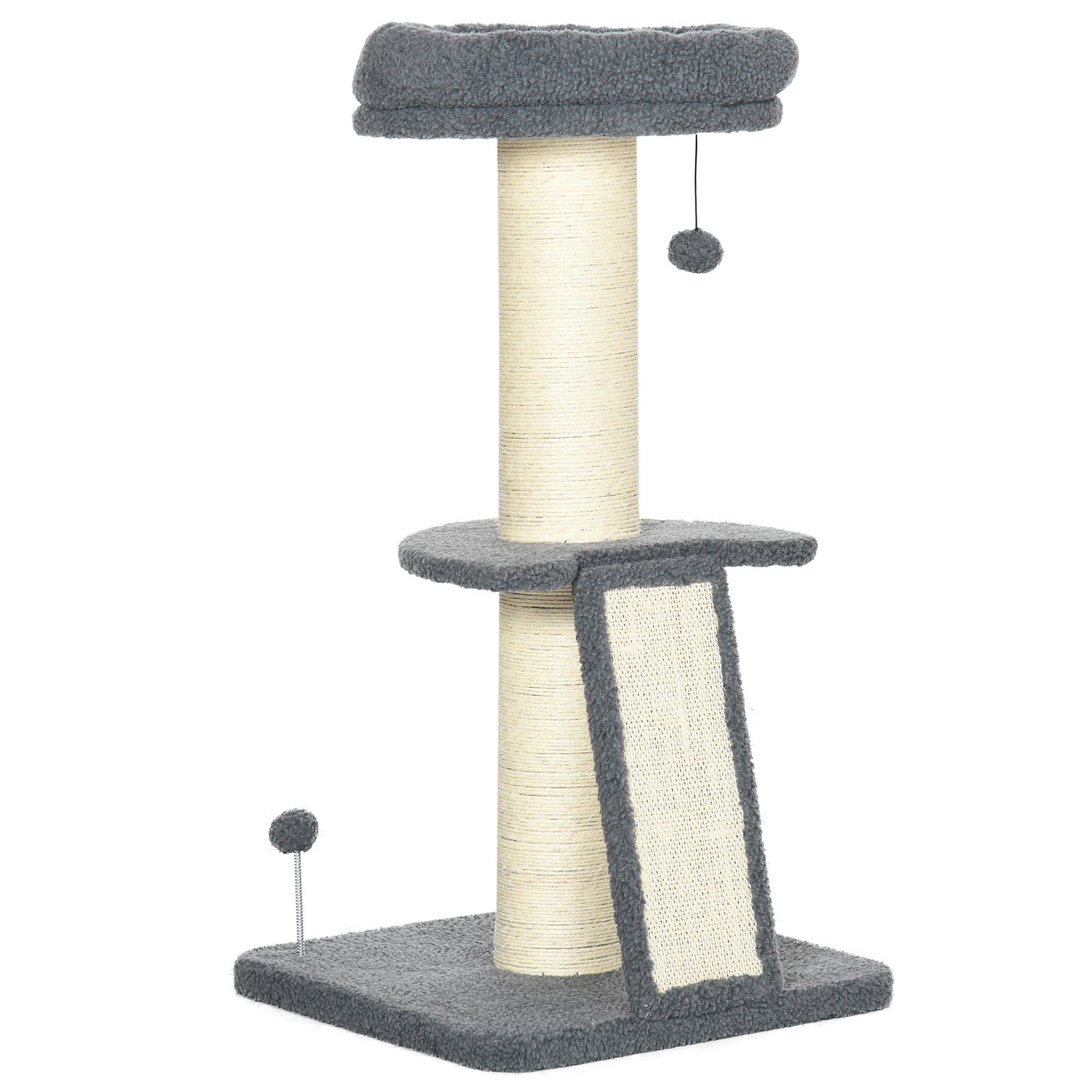 Photo of PawHut Cat Tree Tower with Scratching Posts, Pad, Bed, Toy Ball-Dark Grey in Grey colour on a white background