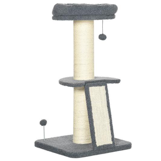 Photo of PawHut Cat Tree Tower with Scratching Posts, Pad, Bed, Toy Ball-Dark Grey in Grey colour on a white background