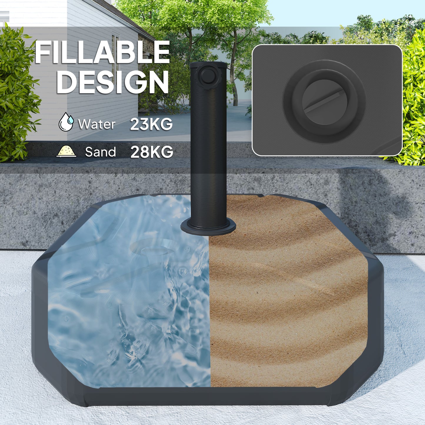 Outsunny Square Garden Parasol Base, Garden Umbrella Stand Heavy Duty Parasol Base, Filled Up to 25kg with Sand or 20kg with Water for for 38, 48 mm Poles, Black