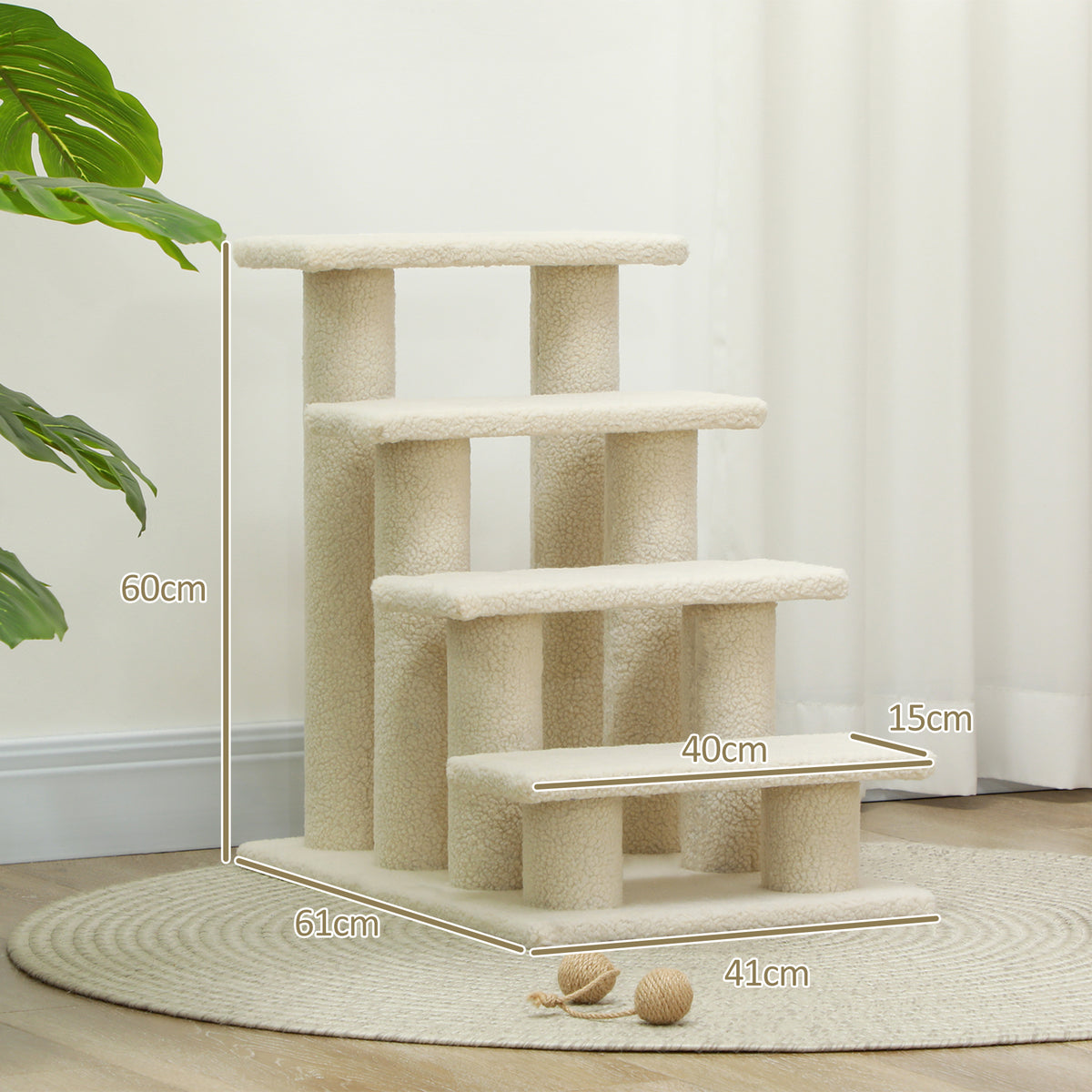 Cream four-step pet stairs with dimensions marked: 60 cm high, 61 cm wide and 41 cm deep