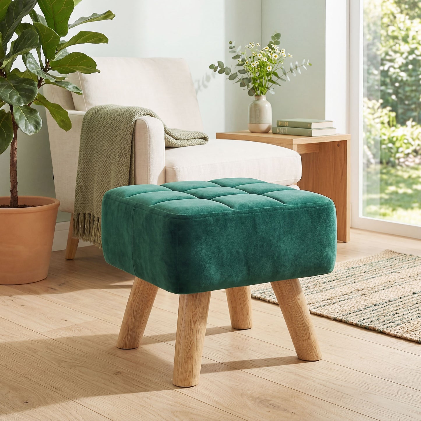 HOMCOM Velvet Square Padded Footstool - Dark Green