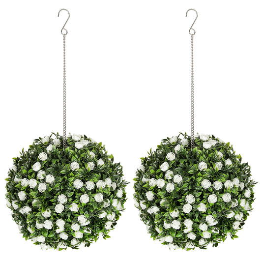 Photo of HOMCOM Set of 2 Decorative Artificial Plants, UV-protected Artificial Plant Topiary Rose Balls, Fake Plants for Home Indoor outdoor Decor, 28cm, White in White colour on a white background