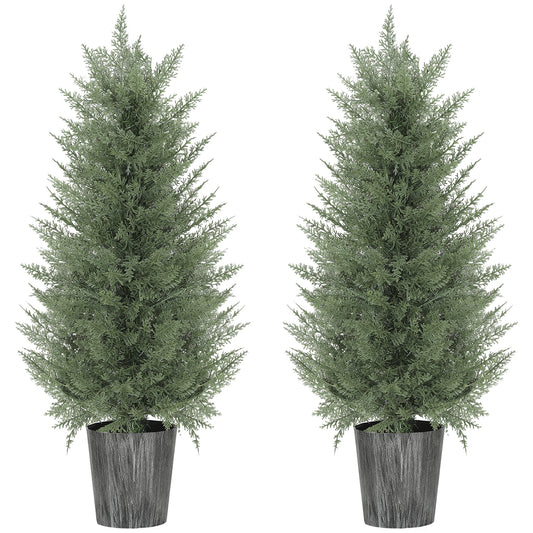 Photo of HOMCOM 90cm Artificial Cypress Trees Set of 2, UV Resistant Artificial Plants with Decorative Pot, Fake Plants for Indoor Outdoor Decor, Green in Green colour on a white background