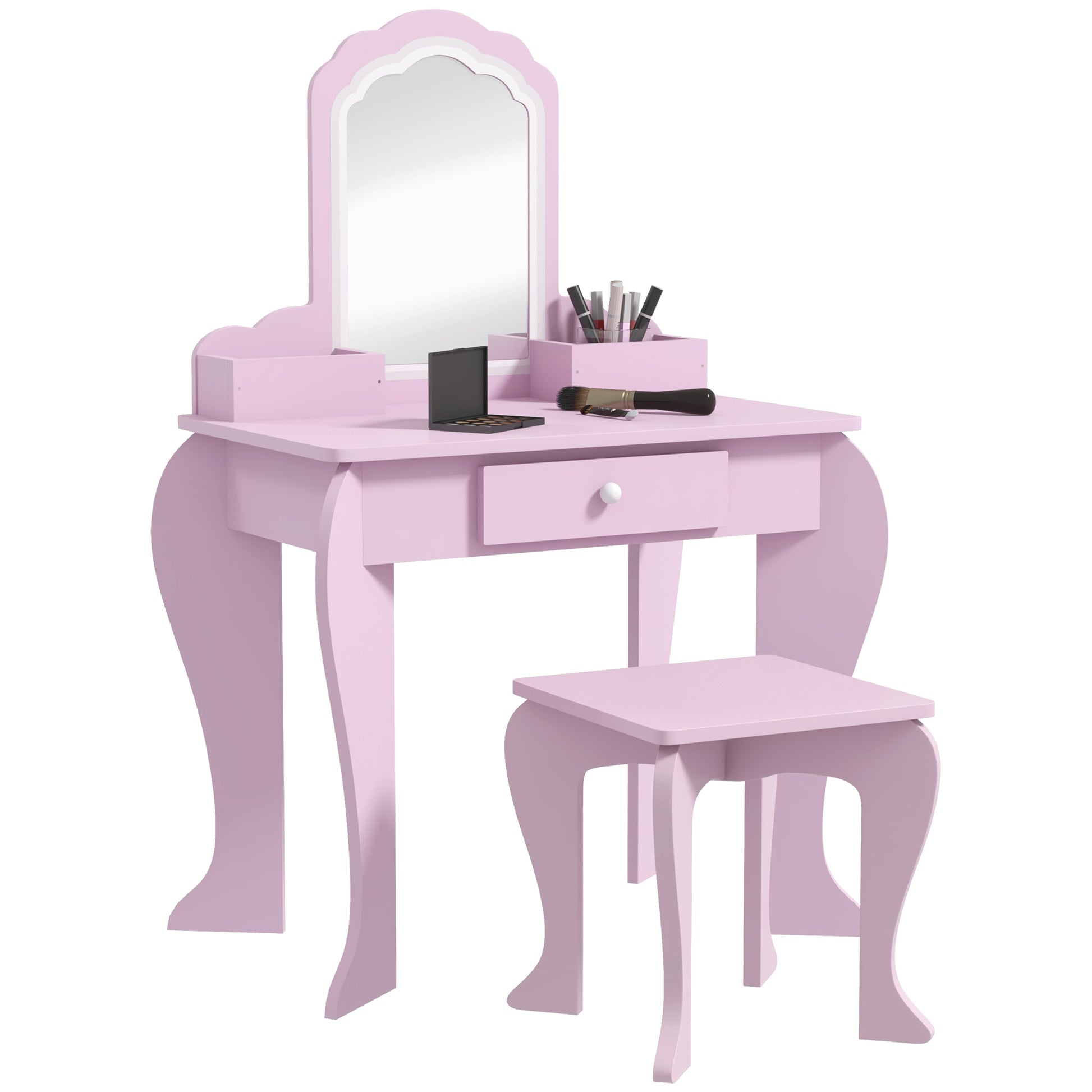 Photo of ZONEKIZ Kids Vanity Table with Mirror, Stool, Drawer, Storage Boxes, Cloud Design, for Ages 3-6 Years - Pink in Pink colour on a white background