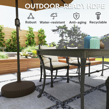 Outsunny brown umbrella base supporting a patio umbrella beside outdoor dining furniture