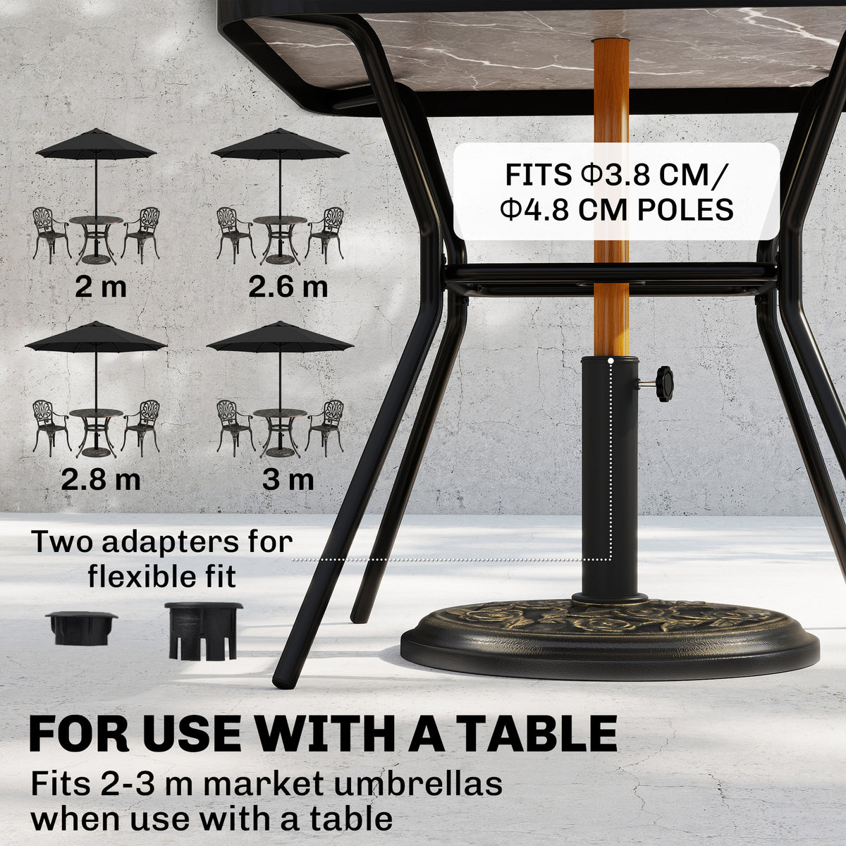 Parasol base securing a wooden umbrella pole beneath a table