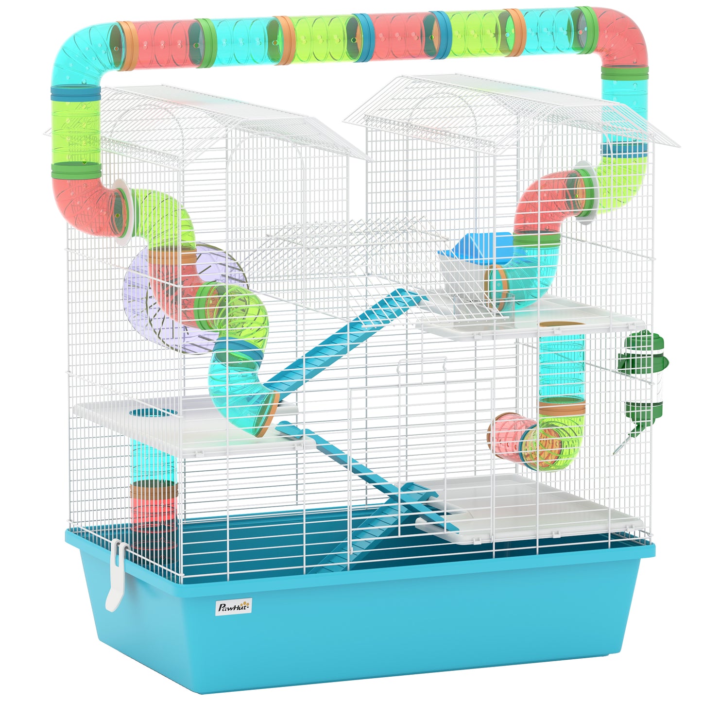 Photo of PawHut 4 Tier Hamster Cage w/ Tubes, Exercise Wheel, Hut, Water Bottle, Food Dish, Ramps, for Dwarf Hamster, Light Blue in Blue colour on a white background