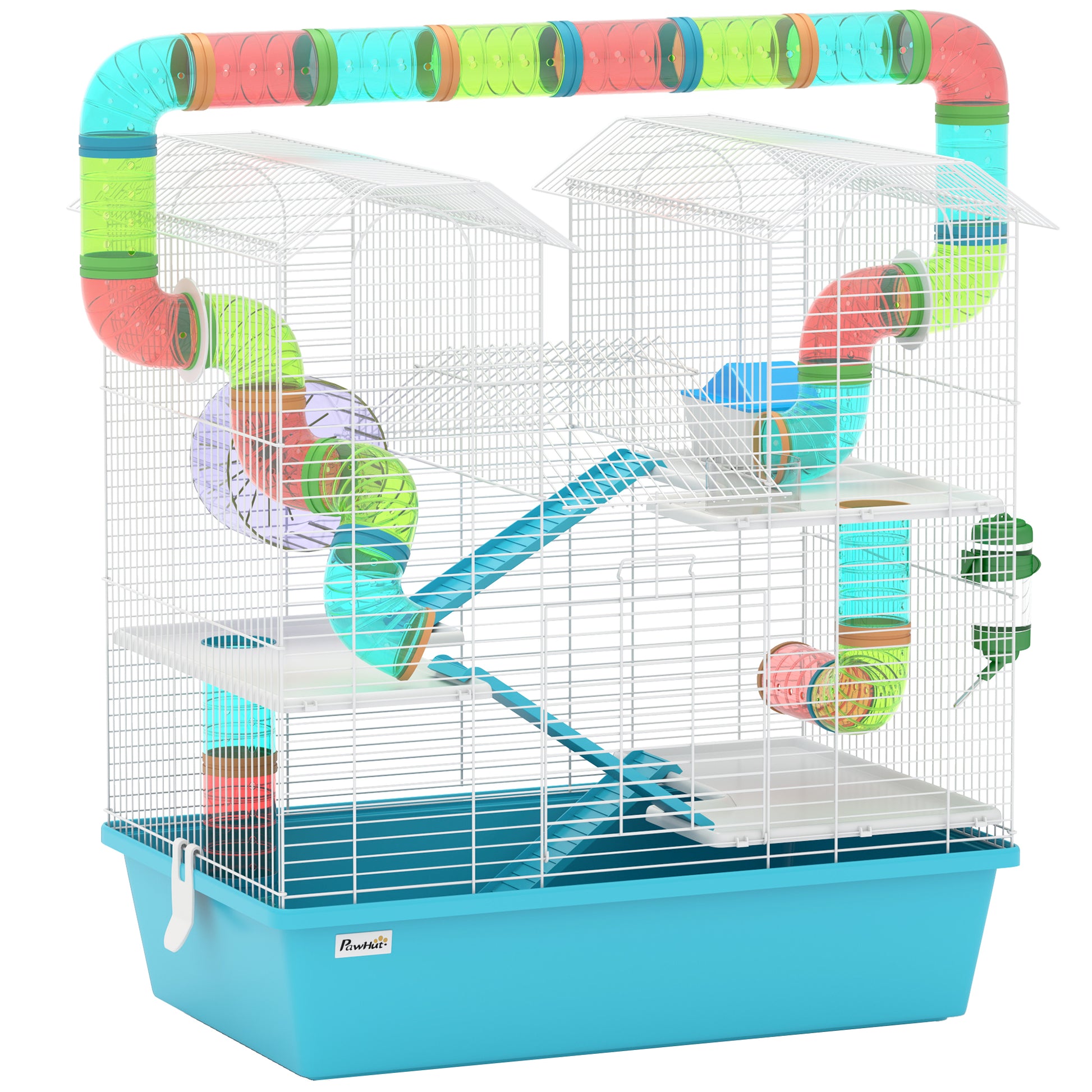 Photo of PawHut 4 Tier Hamster Cage w/ Tubes, Exercise Wheel, Hut, Water Bottle, Food Dish, Ramps, for Dwarf Hamster, Light Blue in Blue colour on a white background