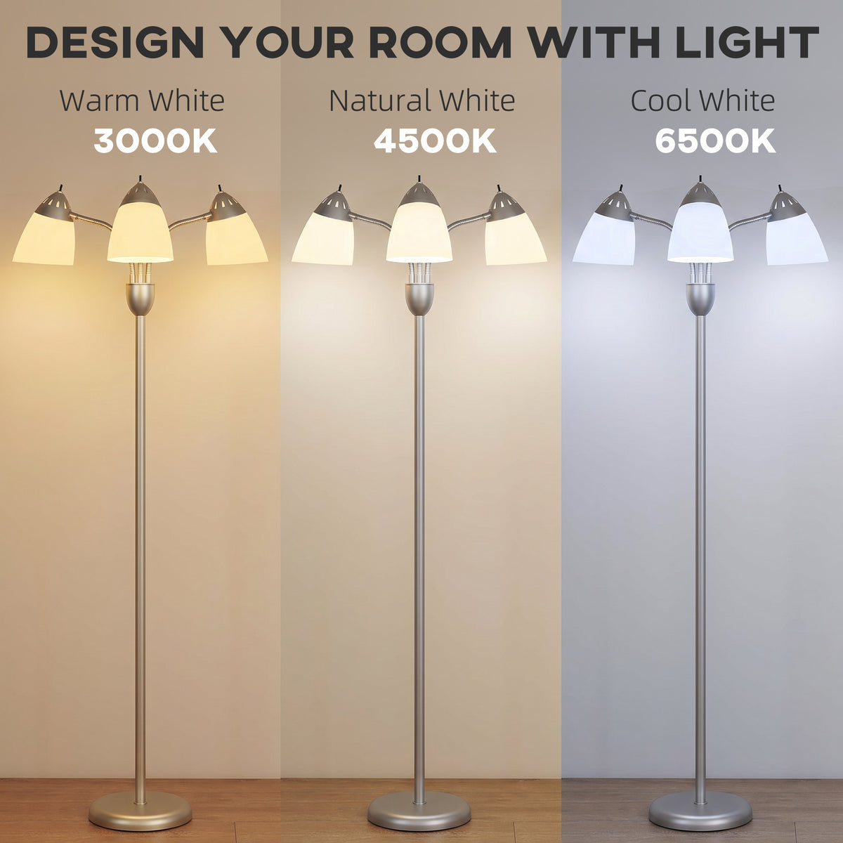 HOMCOM Arc Tree Floor Lamp with 3 Adjustable Rotating Lights and 3000K/4500K/6500K Colour Temperatures, Silver Tone