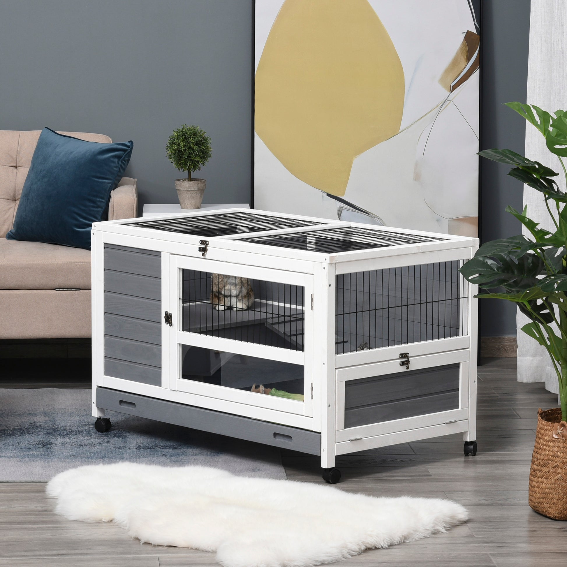 Photo of PawHut Wooden Guinea Pigs Hutches Elevated Pet Bunny House Rabbit Cage with Slide-Out Tray Indoor Grey in Grey colour on a white background