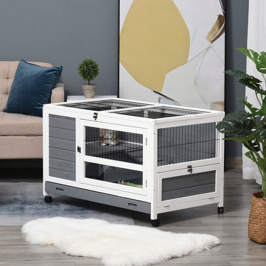 Photo of PawHut Wooden Guinea Pigs Hutches Elevated Pet Bunny House Rabbit Cage with Slide-Out Tray Indoor Grey in Grey colour on a white background