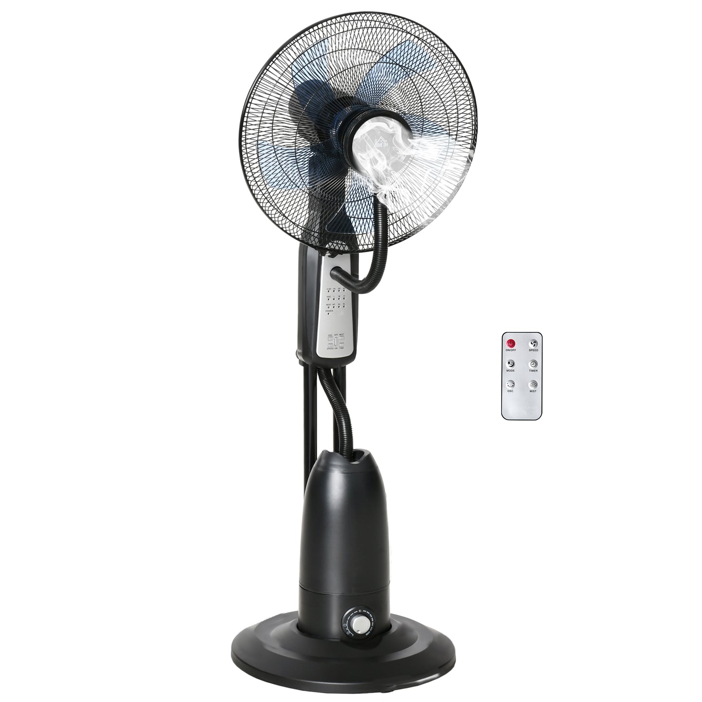 Photo of HOMCOM 18" Pedestal Fan with Water Mist Spray, Humidifying Misting Fan, Standing Fan with 3 Speeds, 2.8L Water Tank, Timer and Remote, Black in Black colour on a white background