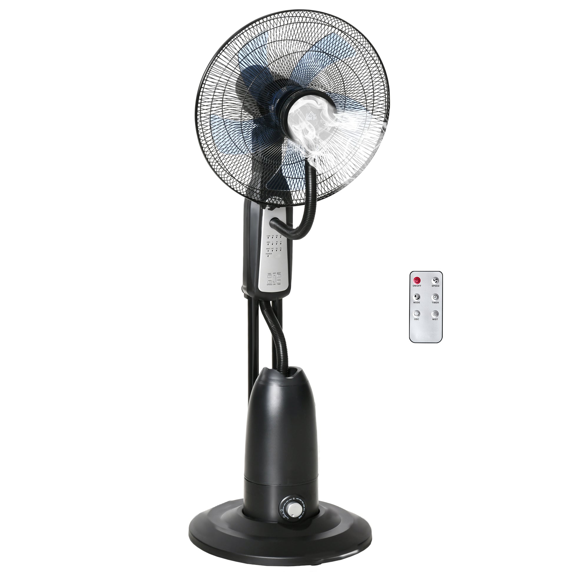 Photo of HOMCOM 18" Pedestal Fan with Water Mist Spray, Humidifying Misting Fan, Standing Fan with 3 Speeds, 2.8L Water Tank, Timer and Remote, Black in Black colour on a white background