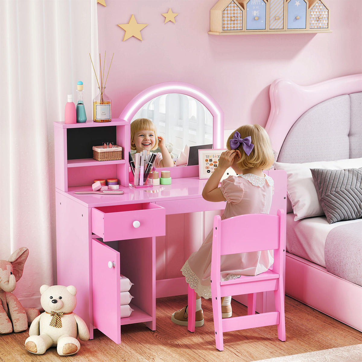 AIYAPLAY Kids Vanity Table and Chair Set, Girls Dressing Table with 2-Colour LED Mirror, Stool, Cabinet, Drawer, Shelves, Pink