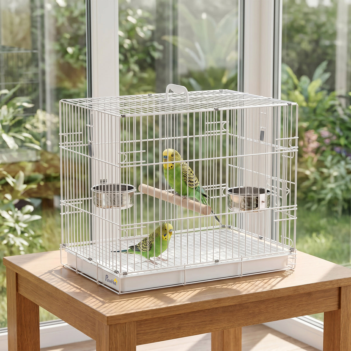 PawHut Bird Cage Foldable Portable Budgie Cage with Wooden Perch 2 Bowls for Travel 49 x 31 x 40 cm White