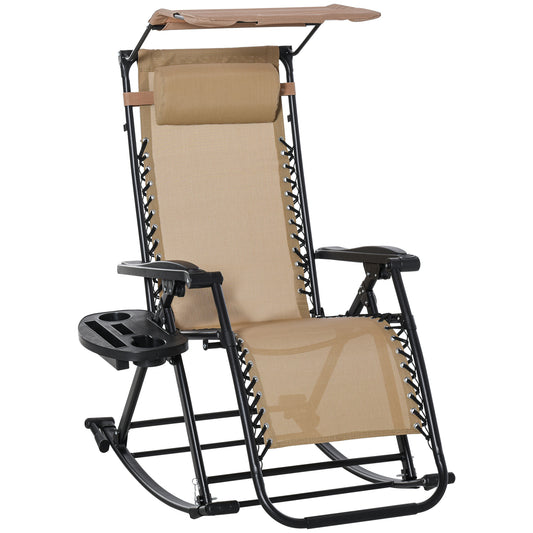 Photo of Outsunny Garden Rocking Chair Folding Recliner Outdoor Adjustable Sun Lounger Rocker Zero-Gravity Seat with Headrest Side Holder Patio Deck - Beige in Beige colour on a white background