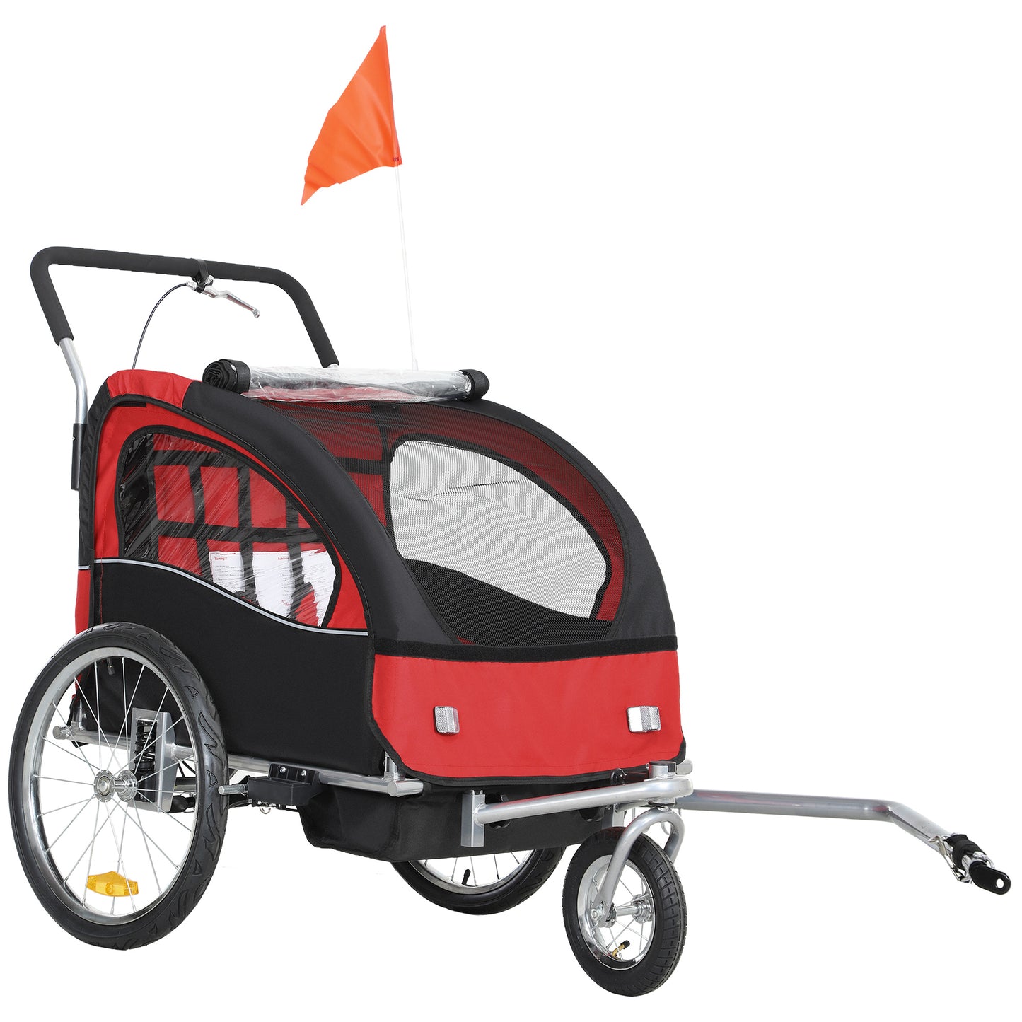 Photo of HOMCOM 2 Seat Bike Trailer with 5 Point Harness, Baby Bike Stroller with Safety Flag, Reflectors, for 18+ Months, Red in Red colour on a white background