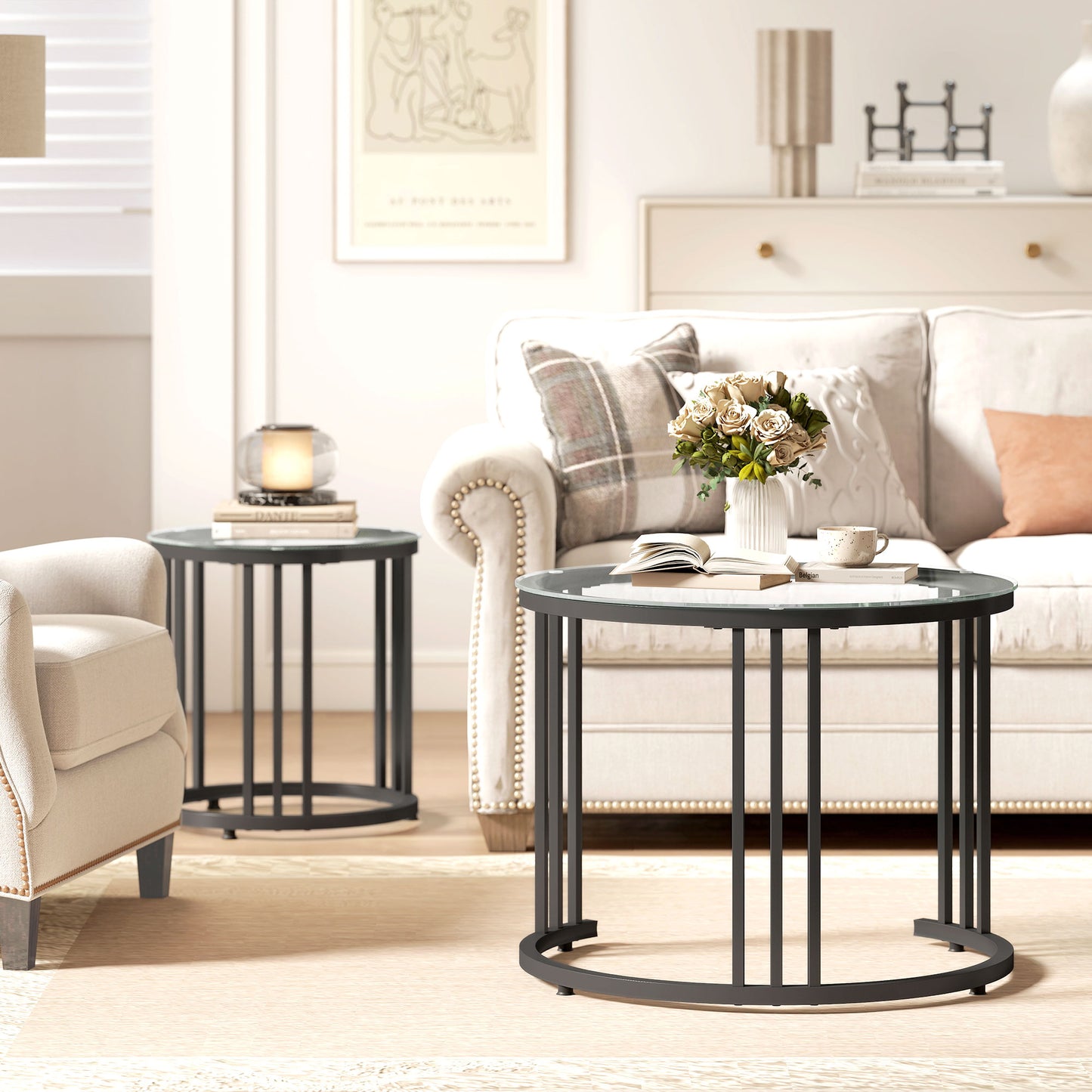 HOMCOM Round Coffee Tables Set of 2, Nesting Tables with Tempered Glass Top and Steel Frame, Black