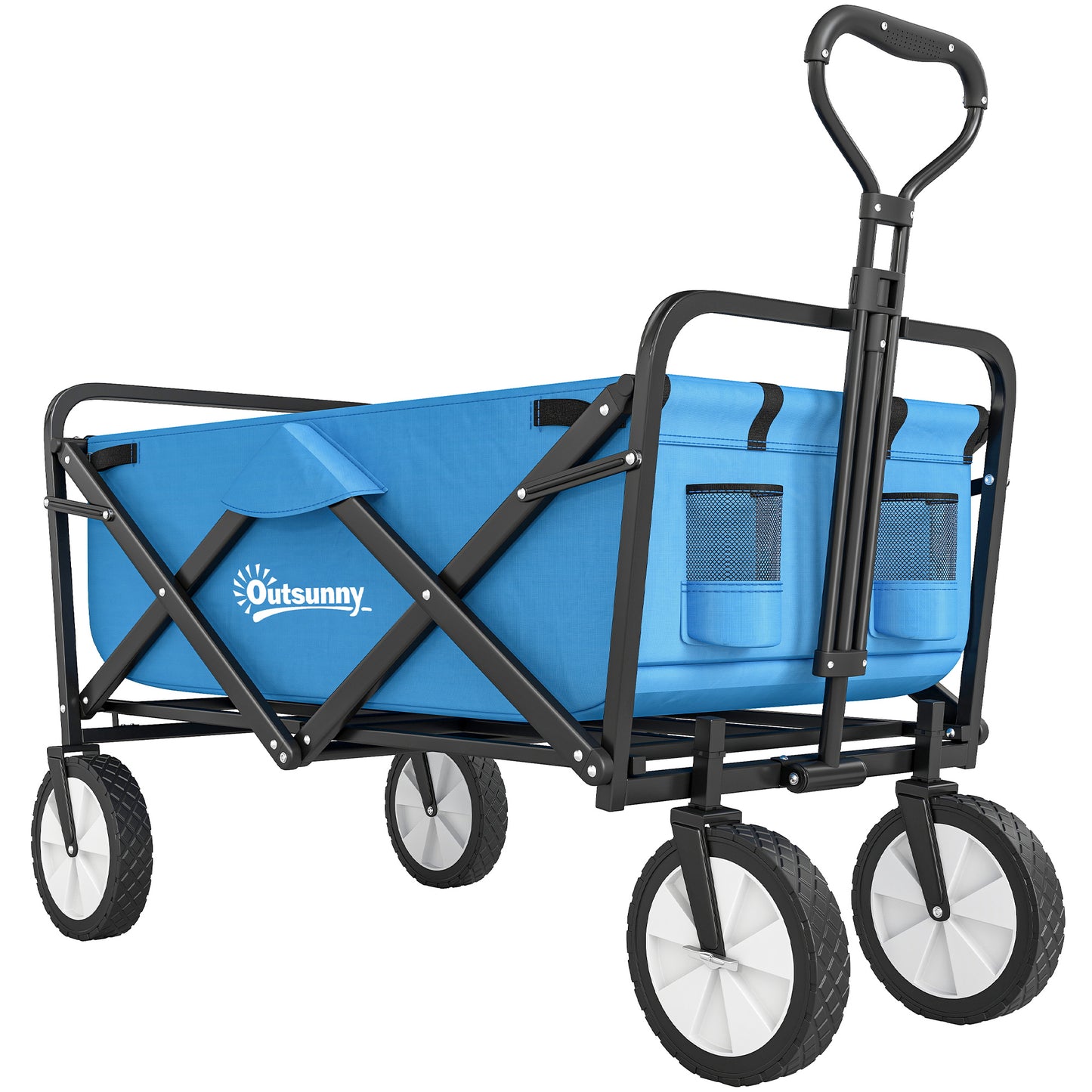 Photo of Outsunny 135L Festival Trolley on Wheels, Folding Wagon Camping Trolley Cart with Adjustable Handle, Dual Brakes, Portable Wagon Cart for Outdoor, Garden, Shopping, Fishing, Blue in Blue colour on a white background
