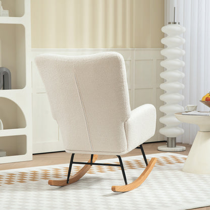 Rear view of cream teddy fleece rocking chair with black frame and wooden runners