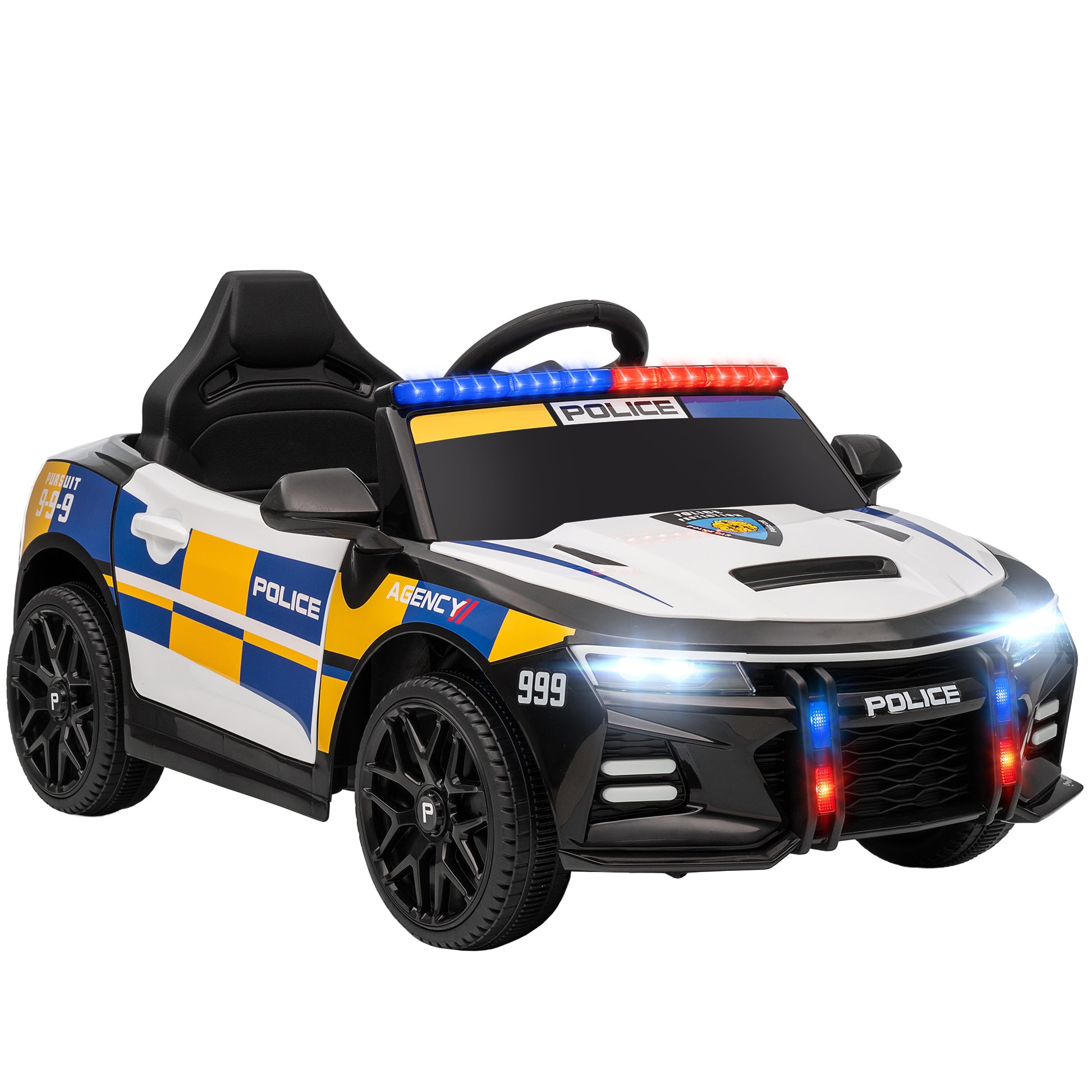 Photo of AIYAPLAY Kids Electric Ride on Police Car with Remote Control, Music, Horn, Siren Flashing Lights for 3-5 Years Old, Multicolour in Multicolour colour on a white background