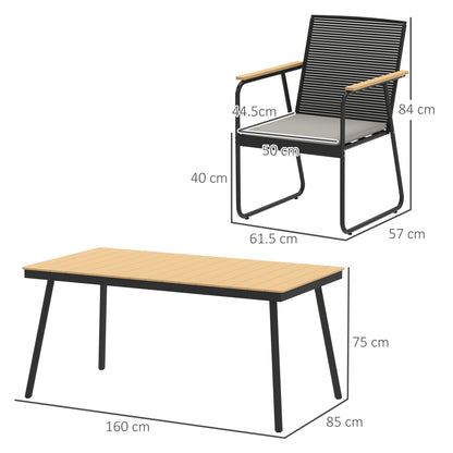 Outsunny dining set with 160 cm table and chair dimensions shown