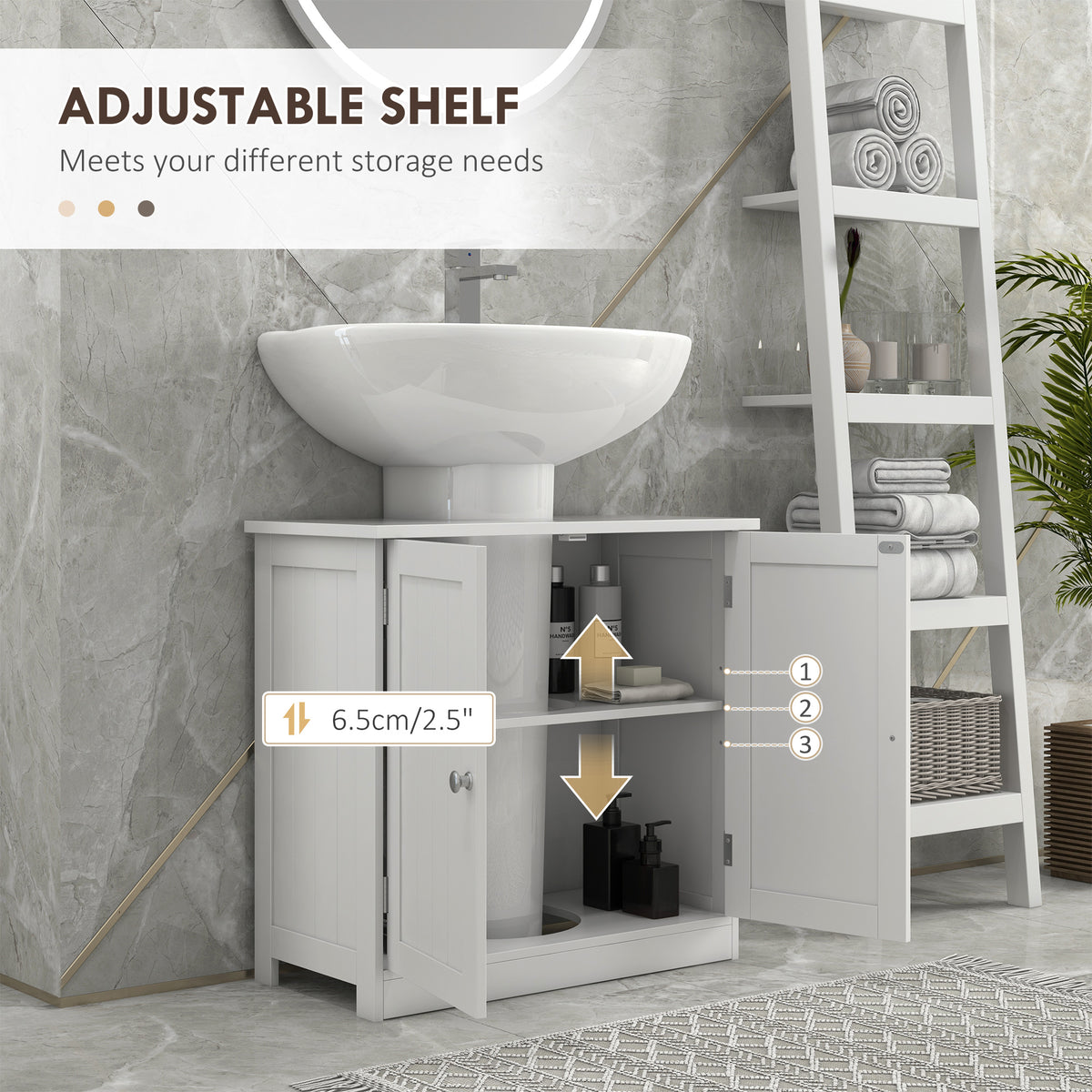 White under-sink cabinet with doors open, showing three adjustable shelf positions
