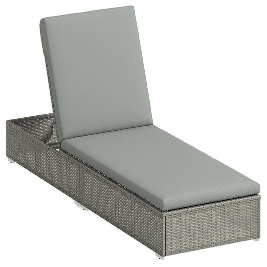 Photo of Outsunny Rattan Sun Lounger, Five-Position Reclining Garden Lounger Bed with Cushion, Light Grey in Grey colour on a white background