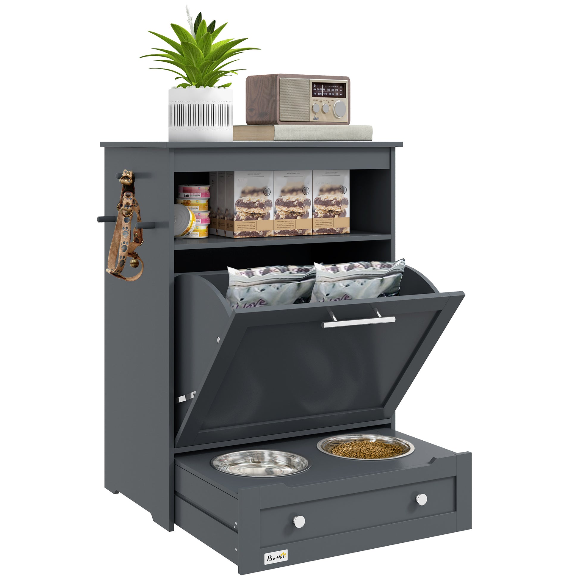 Photo of PawHut Pet Feeder Station, Dog, Cat Storage Container, with Raised Bowls, Hanger, Cabinet - Grey in Grey colour on a white background