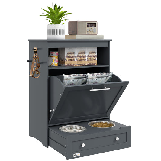 Photo of PawHut Pet Feeder Station, Dog, Cat Storage Container, with Raised Bowls, Hanger, Cabinet - Grey in Grey colour on a white background