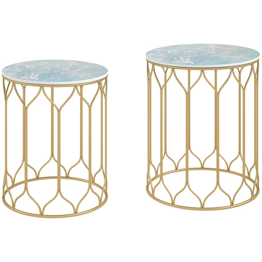 Photo of Outsunny Round Coffee Table Set of 2, Modern Nesting Tables with Ceramic Tile Top, Small End Tables, Indoor Outdoor Side Table with Metal Frame for Living Room, Bedroom, Patio, Balcony, Multicoloured in Multicoloured colour on a white background