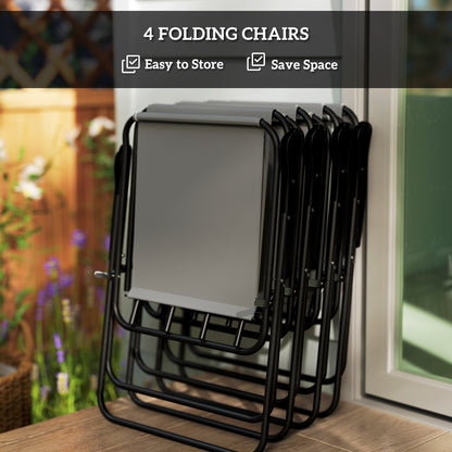 Four gray folding chairs nested together for compact storage