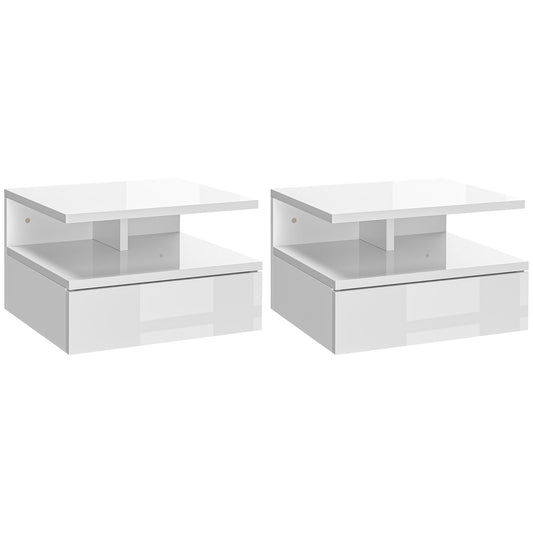 Photo of HOMCOM Set of Two Floating High Gloss Bedside Tables - White in White colour on a white background
