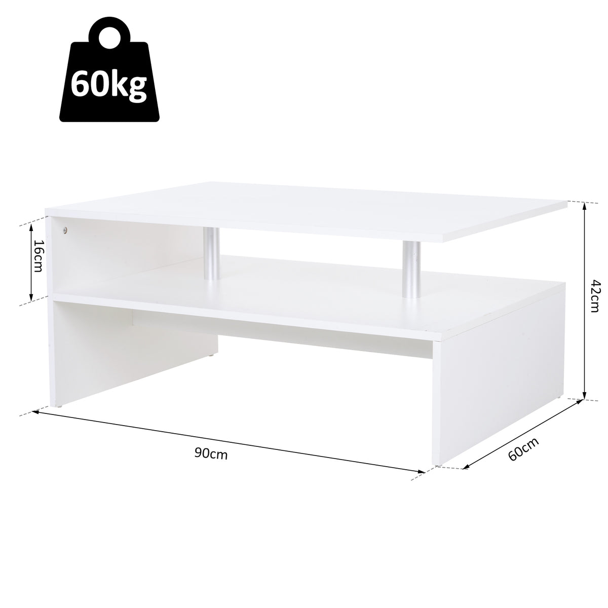White two-tier coffee table, 90 by 60 by 42 cm, with 60 kg capacity