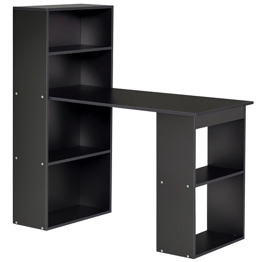 Black desk with tall bookshelf and two open side shelves