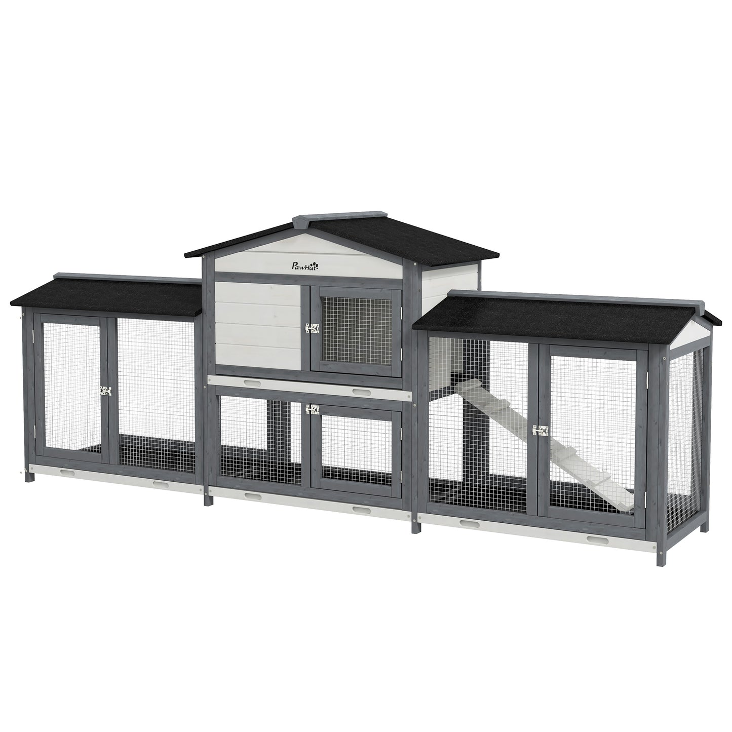 Photo of PawHut 2-Tier Large Rabbit Hutch Outdoor with Double Side Run Boxes, No-leak Plastic Tray, Ramp, 230 x 53 x 93.5cm, Light Grey in Grey colour on a white background