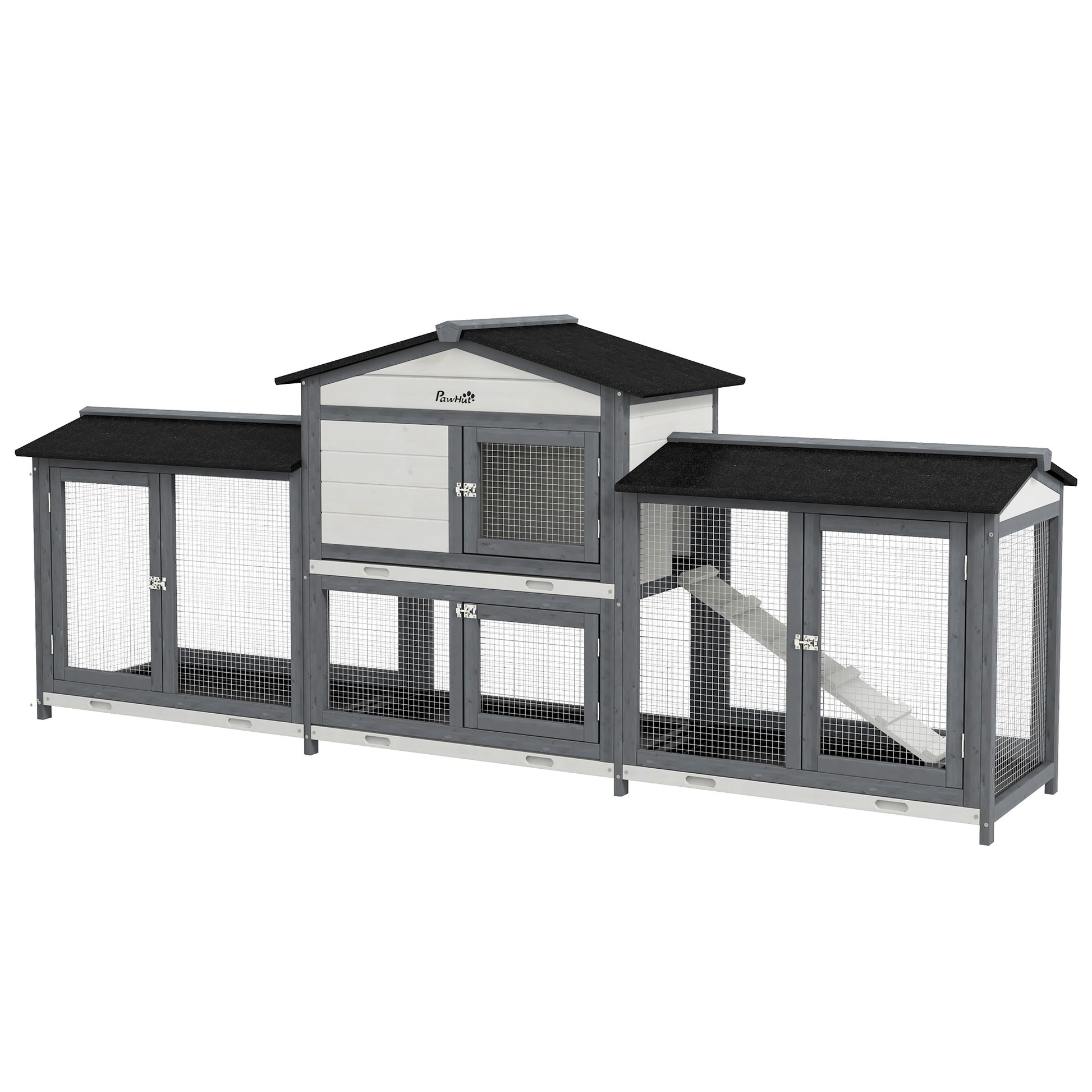 Photo of PawHut 2-Tier Large Rabbit Hutch Outdoor with Double Side Run Boxes, No-leak Plastic Tray, Ramp, 230 x 53 x 93.5cm, Light Grey in Grey colour on a white background
