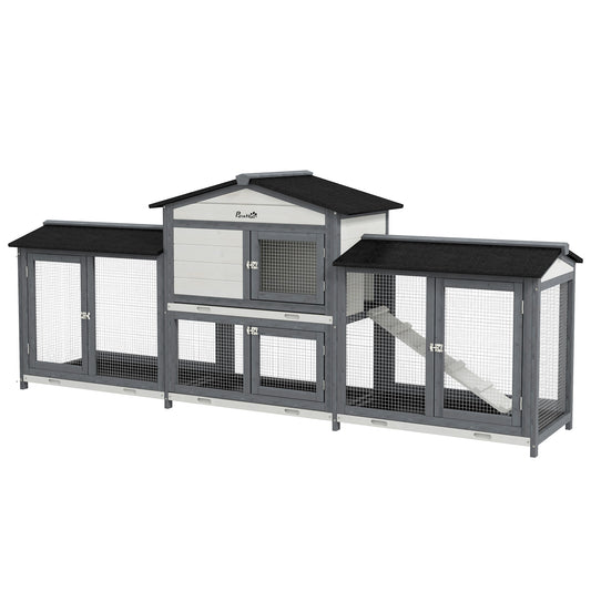 Photo of PawHut 2-Tier Large Rabbit Hutch Outdoor with Double Side Run Boxes, No-leak Plastic Tray, Ramp, 230 x 53 x 93.5cm, Light Grey in Grey colour on a white background