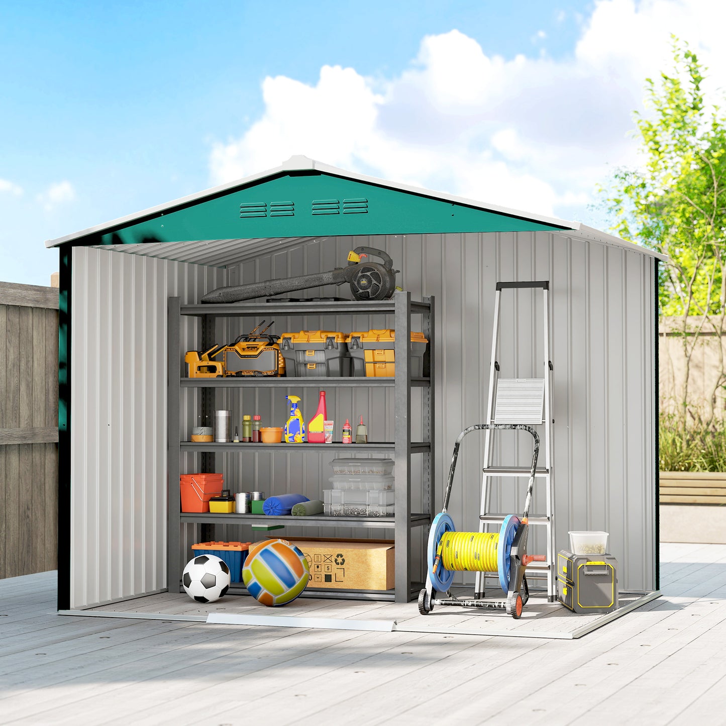 Outsunny 8 x 6ft Galvanised Steel Shed, with Double Door - Green