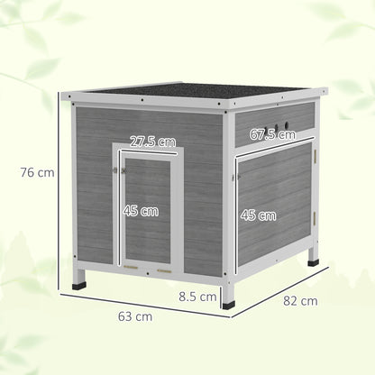 PawHut wooden duck house with dimensions, front entrance and side door