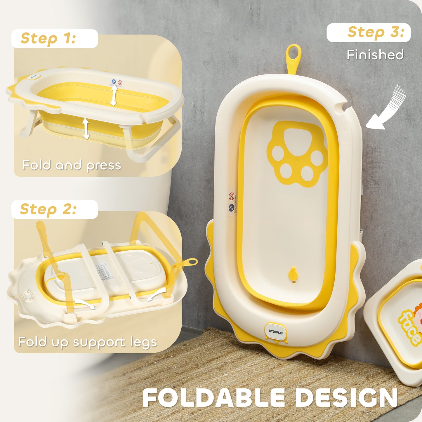AIYAPLAY Foldable Baby Bath Tub Set with Bath Cushion, Wash Basin, Non-Slip Stand, Bottom, Yellow