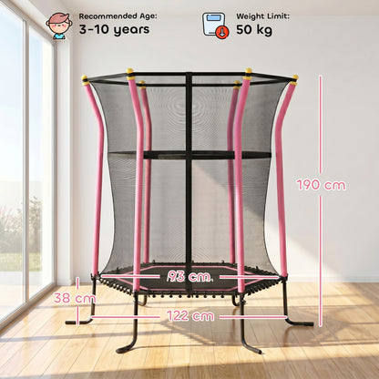 Pink kids trampoline with safety enclosure; 190 cm tall with a 122 cm base