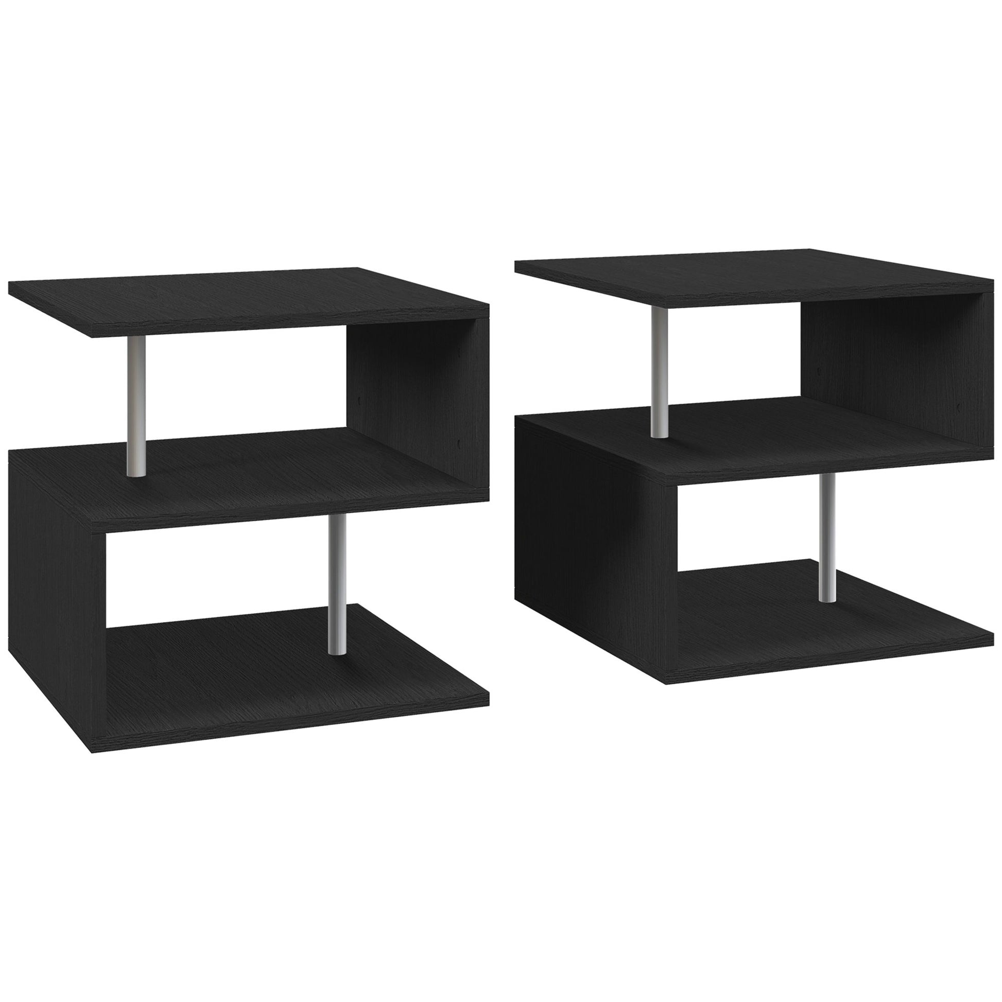 Photo of HOMCOM Wooden S Shape Cube Coffee Table 2 Tier Storage Shelves Organiser Office Bookcase Living Room End Desk Stand Display Set of 2 (Black) in (Black) colour on a white background