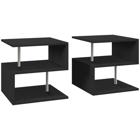 Photo of HOMCOM Wooden S Shape Cube Coffee Table 2 Tier Storage Shelves Organiser Office Bookcase Living Room End Desk Stand Display Set of 2 (Black) in (Black) colour on a white background