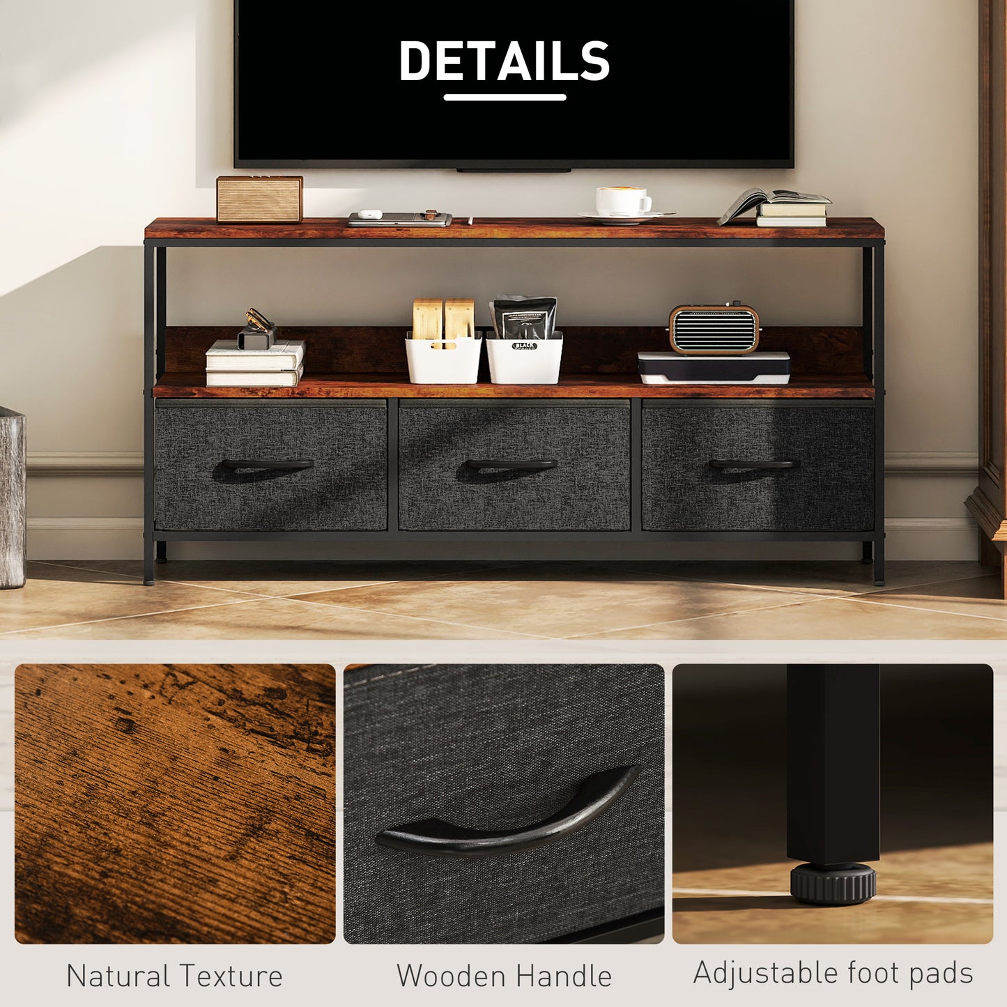 HOMCOM TV Stand Cabinet with 3 Foldable Drawers - Rustic Brown